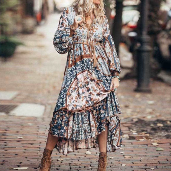 Bohemian Blue Brown Floral Print Midi Dress Ruffle - Picture 1 of 7